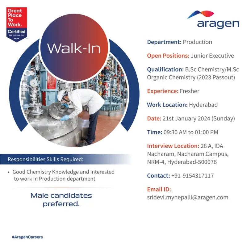 Aragen Life Sciences (GVK Bio) - Walk-In Drive for FRESHERS on 21st Jan 2024